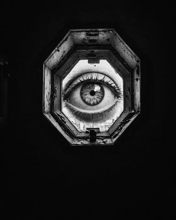 A large human eye illustration seen through a circular window framed by an octagonal structure against a dark background.