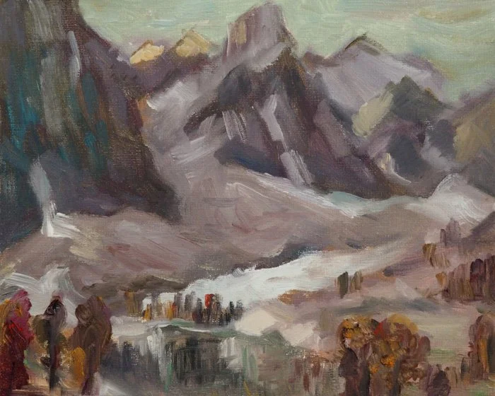 An impressionistic painting of a mountain landscape with a rushing river and a small group of people near the water.