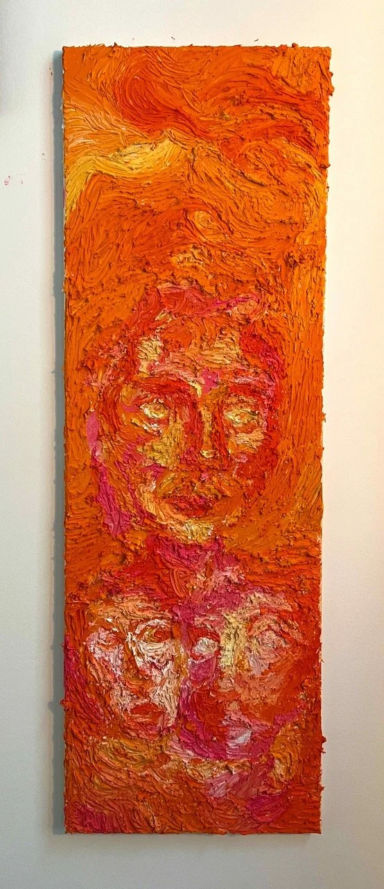 Abstract oil painting depicting a female face with flowing hair, surrounded by textured orange, pink, and yellow colors.