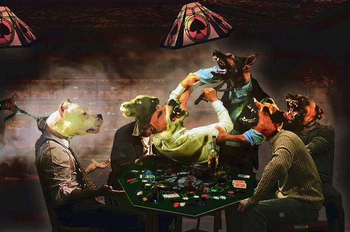 A group of people with animal heads, including a dog and bears, are sitting around a poker table in a smoky room with stained glass lamps, engaged in a card game.