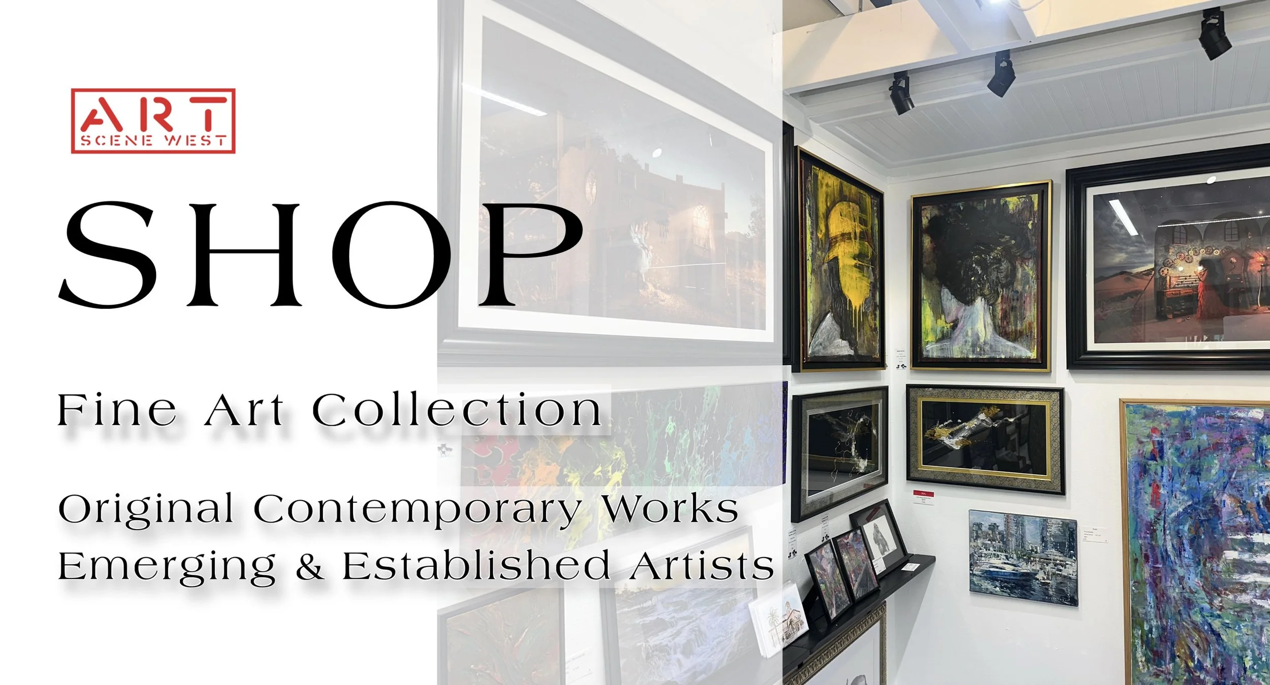 A gallery displaying various colorful abstract and contemporary paintings on the walls, with some framed artworks and digital screens on a shelf.