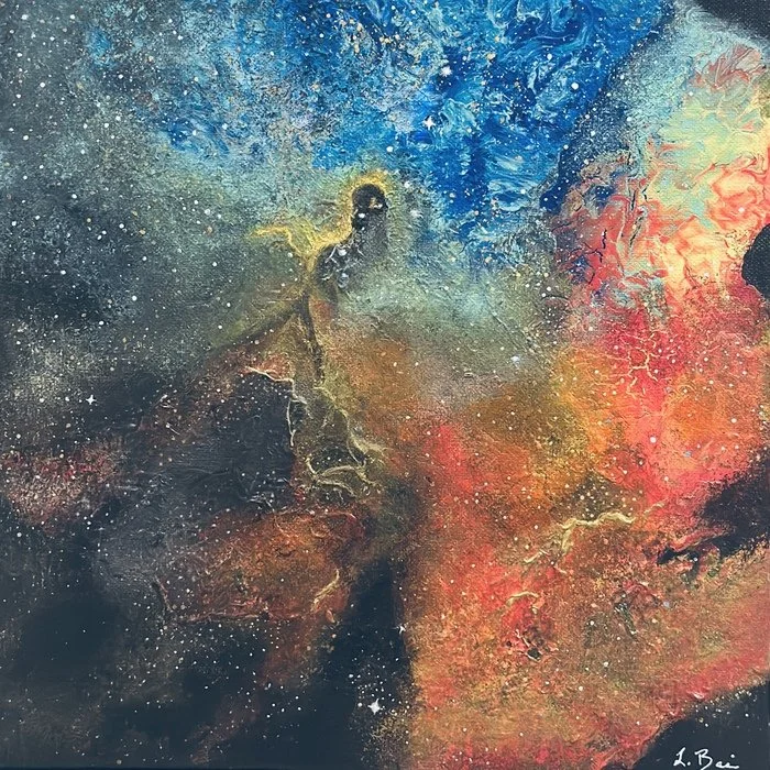 Abstract painting depicting a cosmic scene with swirling colors of blue, gold, orange, and red, resembling a galaxy or nebula.