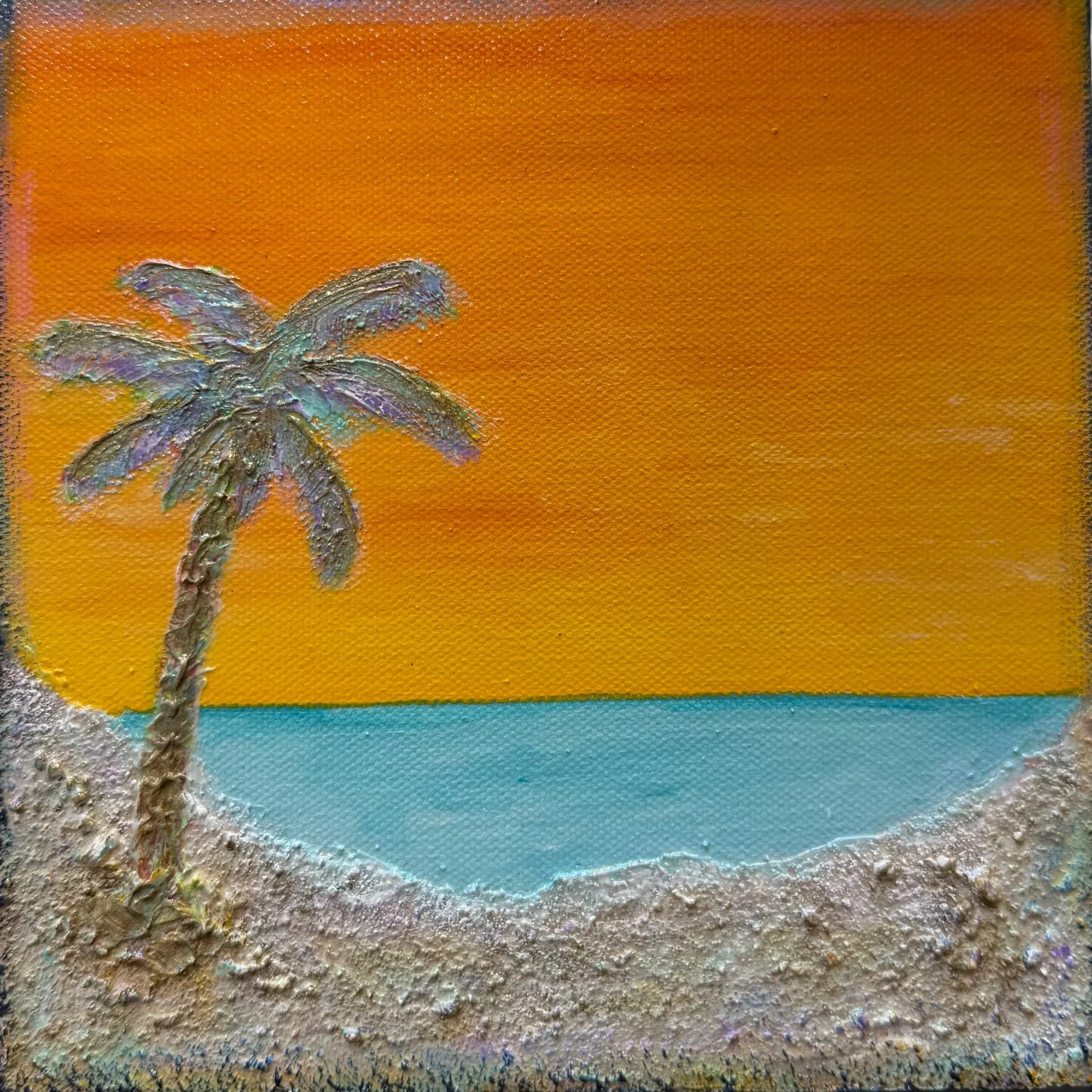 Close-up of an abstract textured painting with a circular shape at the center, featuring thick layers of pastel and bright colors such as white, blue, pink, green, yellow, and orange, with a rough, uneven surface.