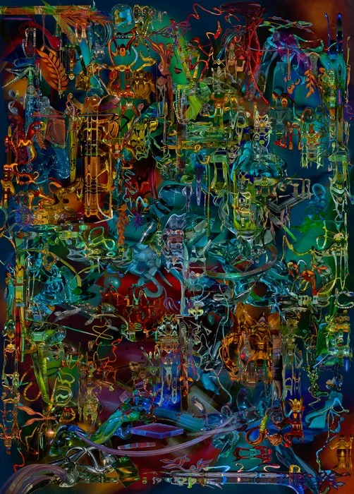 Abstract digital art featuring neon-colored, intertwined, and distorted shapes and lines creating a chaotic, vibrant composition