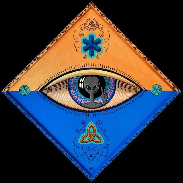 A geometric artwork featuring an eye with an alien inside, surrounded by symbols of spirituality such as a Celtic knot, a female face, and an ancient oracle symbol, all in vibrant blue, orange, and black colors.