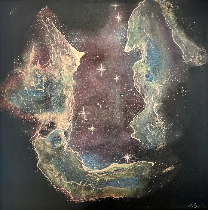 A cosmic art piece with a nebula background, depicting two human faces in profile made from the nebula cloud, facing each other with stars in the middle.