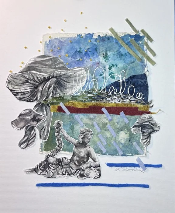 A mixed media artwork featuring a black-and-white sketch of children, mushrooms, abstract watercolor backgrounds in blue, green, and yellow, and various tape pieces and lines.