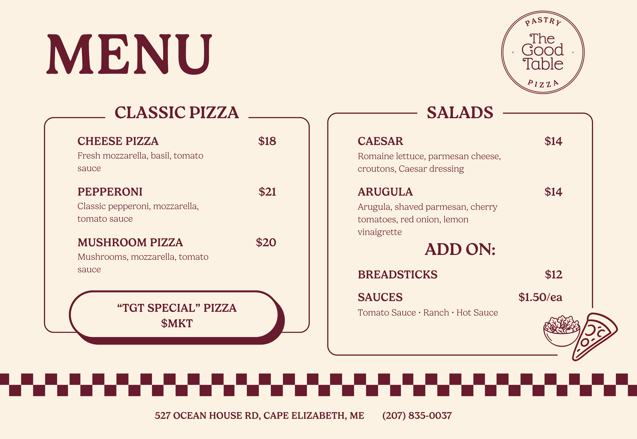 The Good Table Pastry & Pizza food menu featuring handcrafted pizzas, fresh salads, breadsticks, and seasonal specials in Cape Elizabeth, Maine.