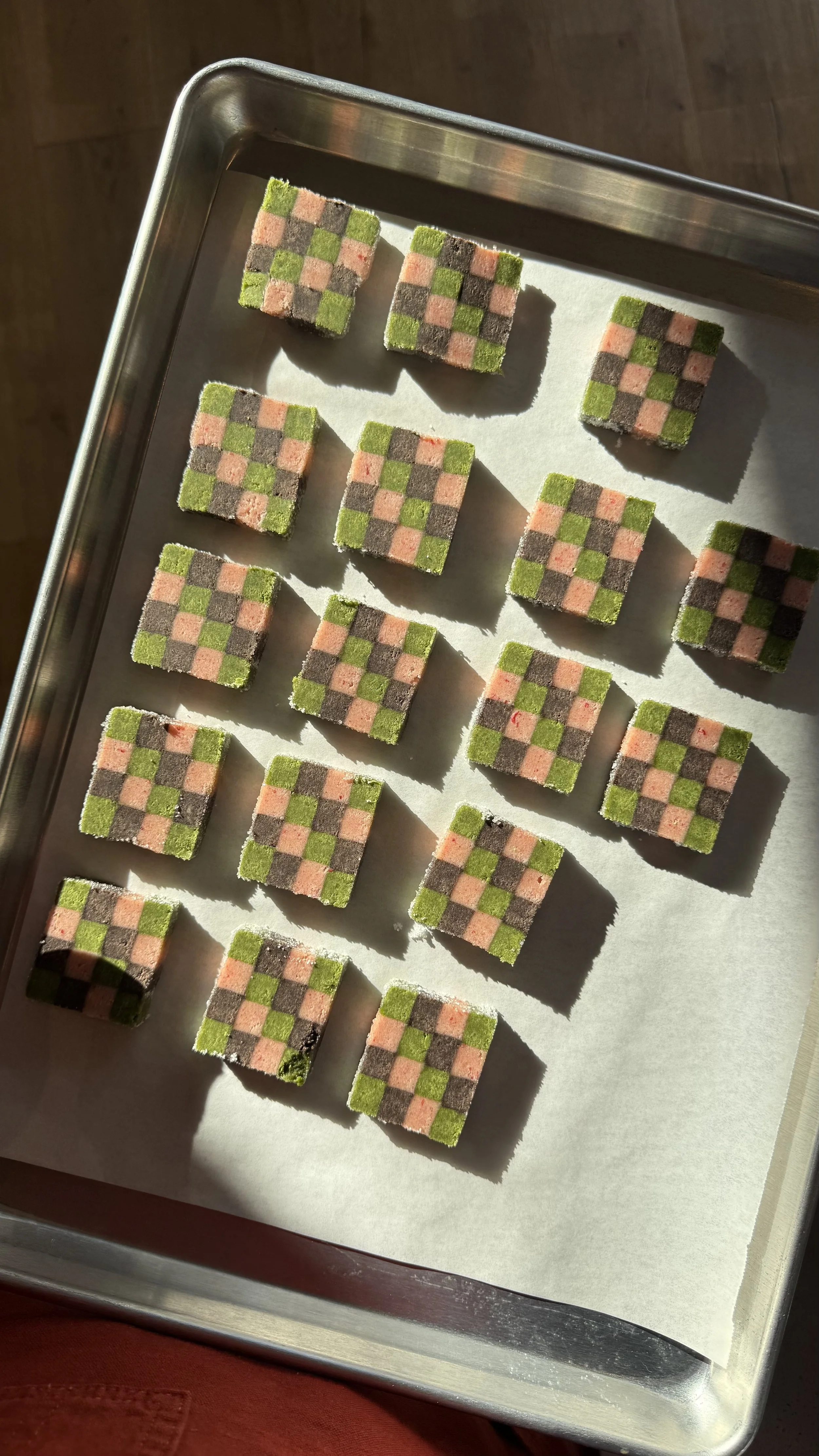 Matcha, Strawberry and Cocoa Checkerboard Cookies