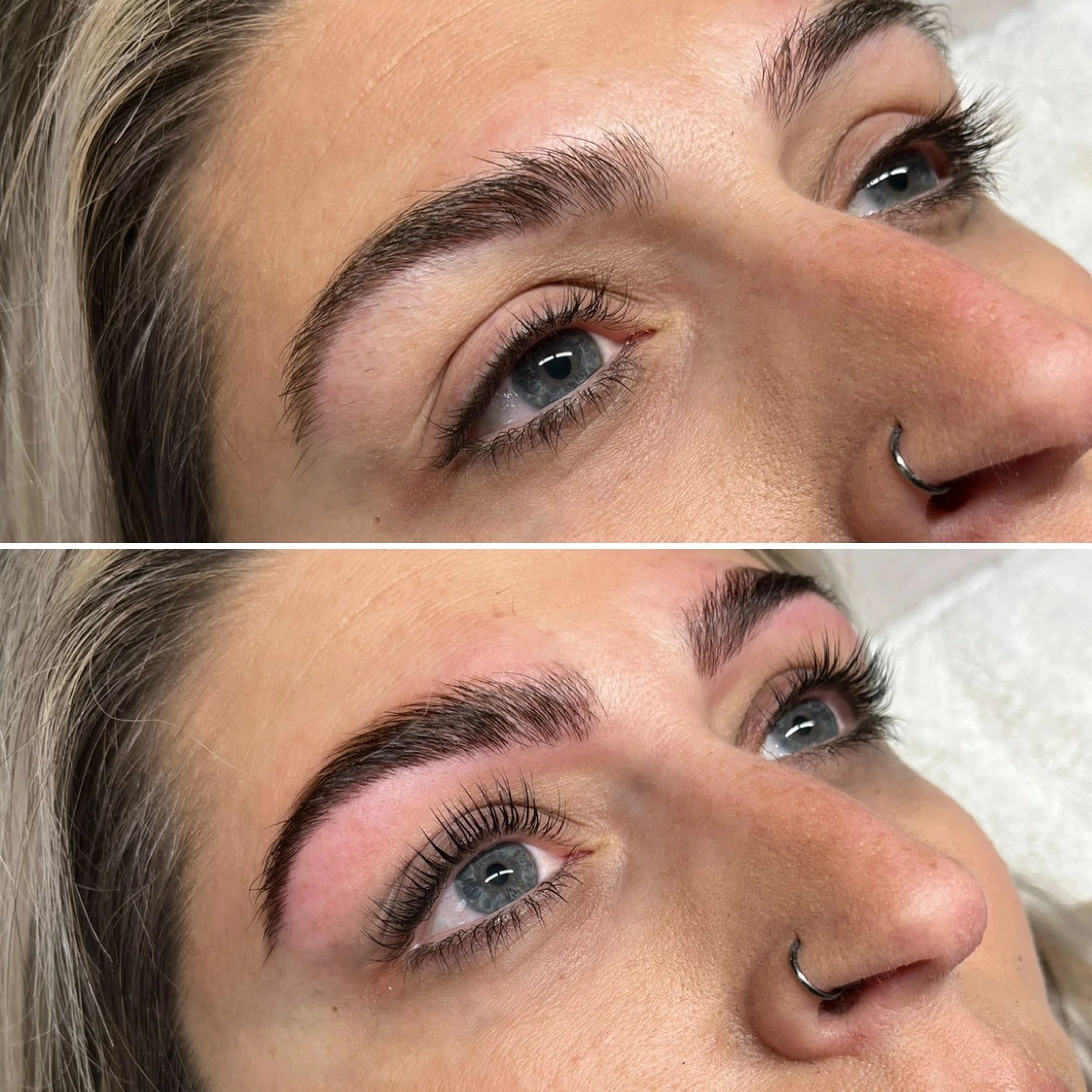 Before and after of a combination of an brow lamination and lash lift, brows tinted dark brown lashes tinted black