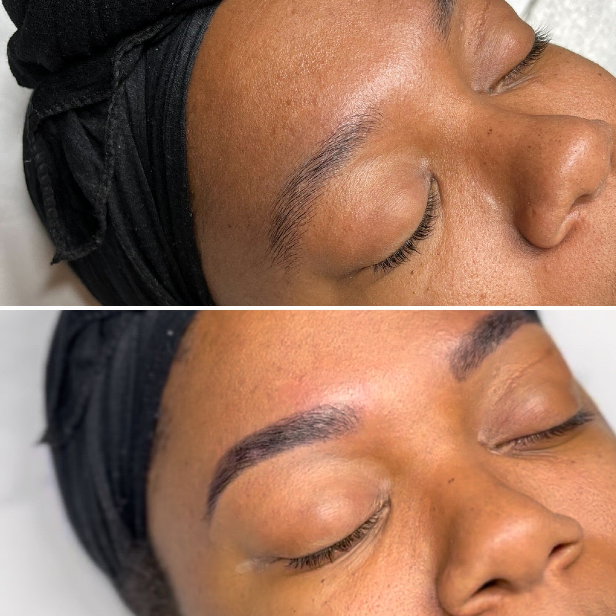 Before and after of eyebrows shaped by threading and tinted dark brown/black