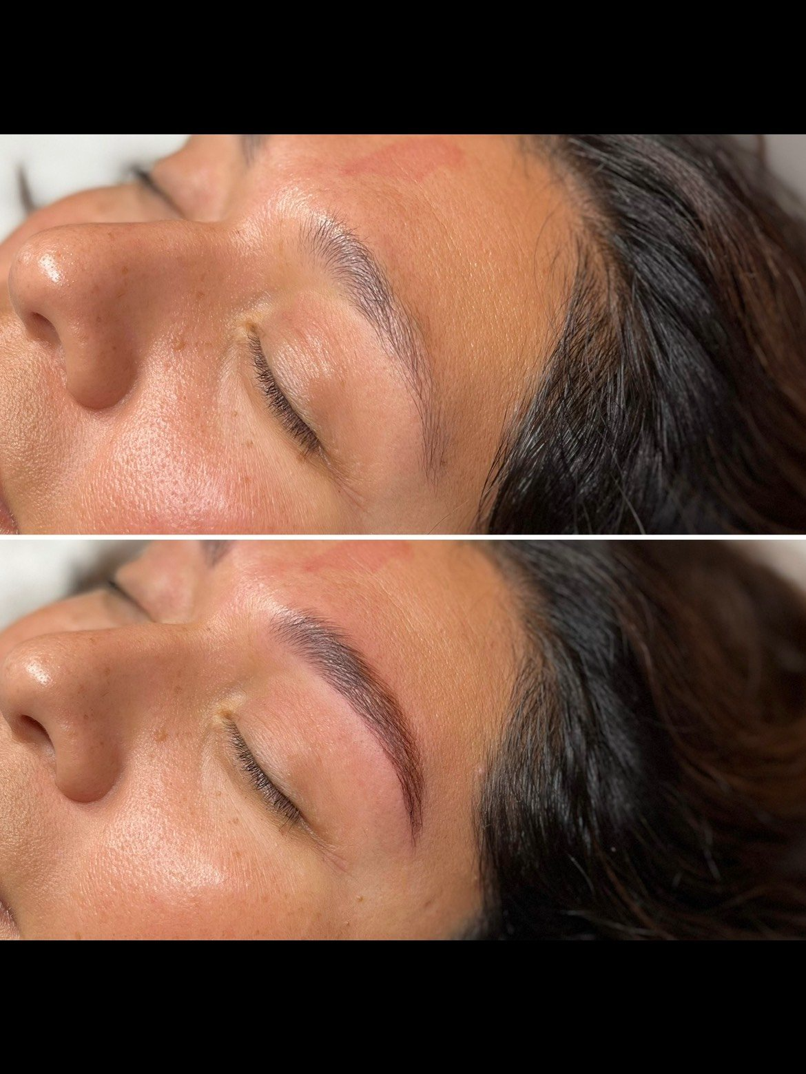 Before and after of eyebrows shaped by threading and tinted medium brown color