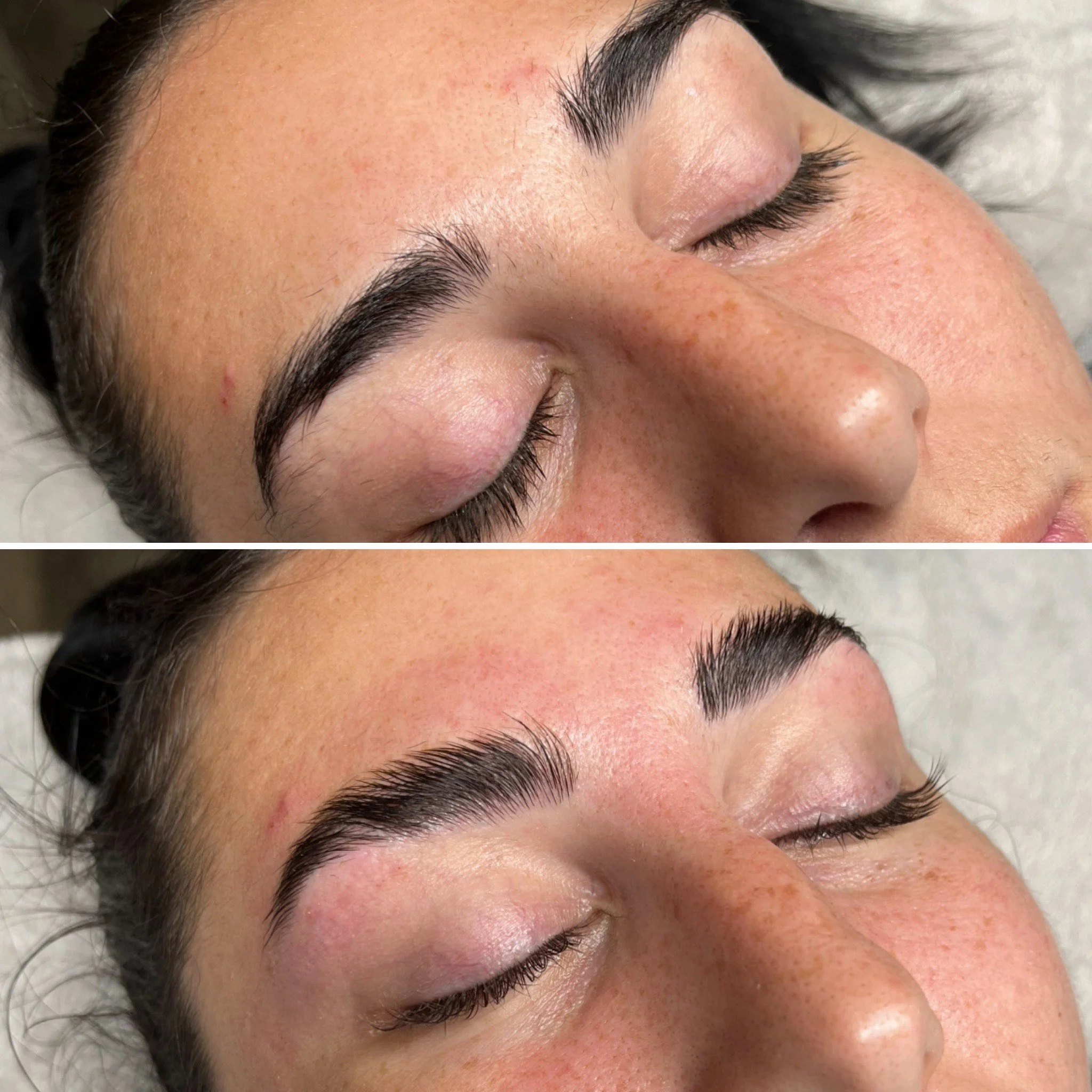 Before and after of brows shaped by threading and laminated lifting the brow hair up in a uniform way