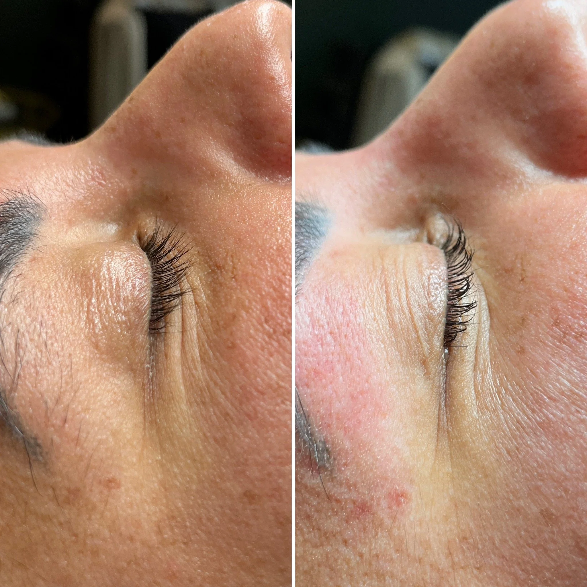 Side view of a before and after of an eyelash lift. The lashes have a nice, rounded curl after processing