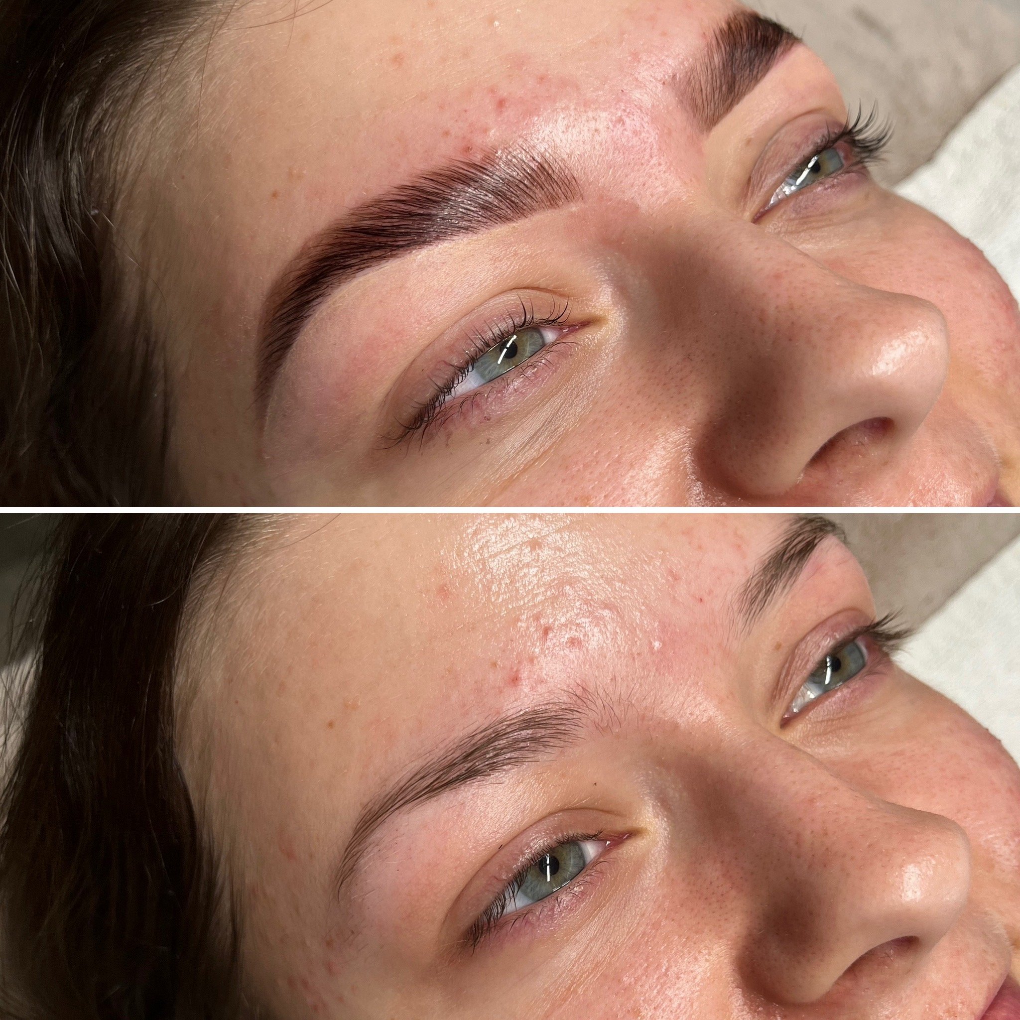 Before and after of eyebrows and lashes being laminated, curled and tinted. 