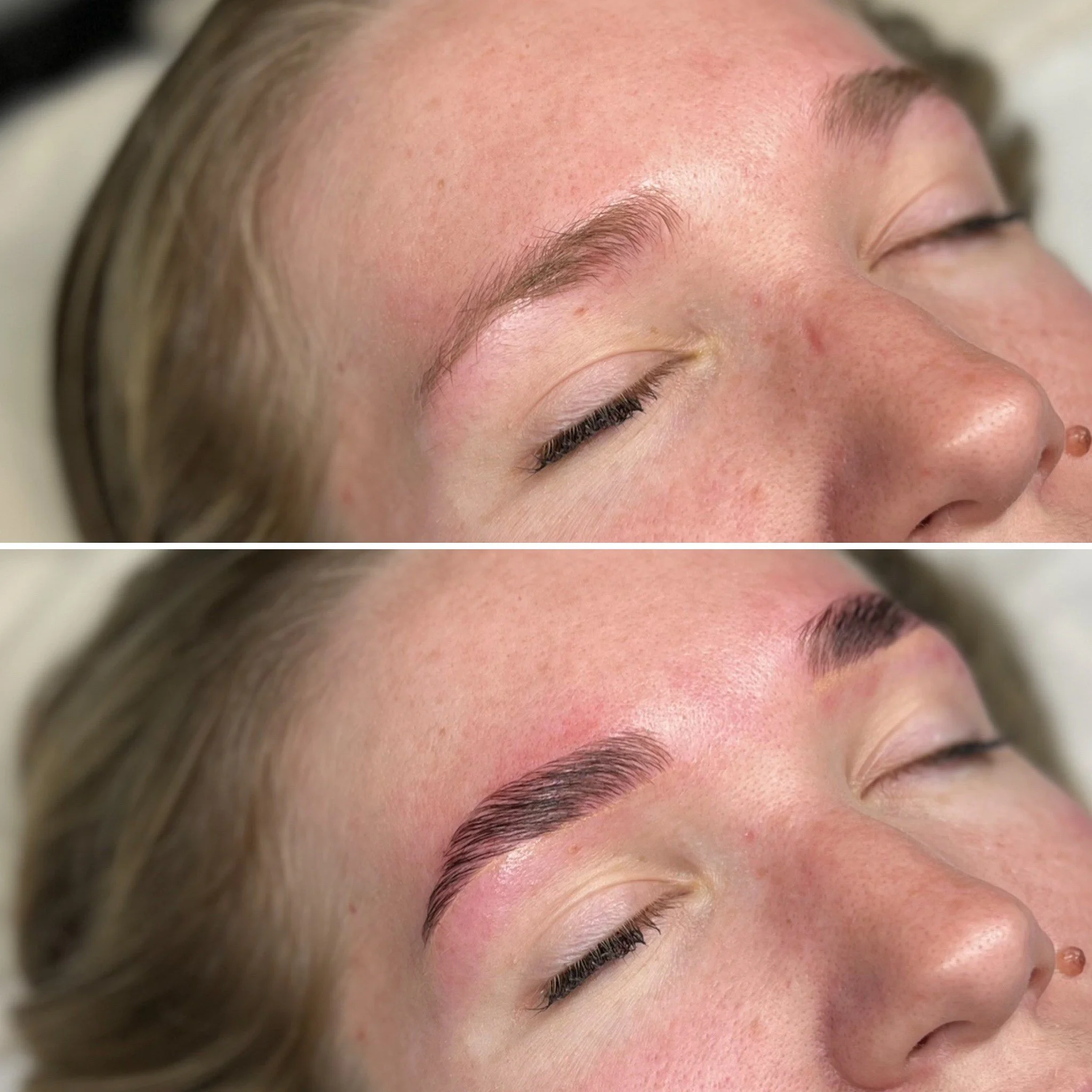 Before and after of brows shaped by threading and laminated lifting the brow hair up in a uniform way and tinted a light/ medium brown with a cool toner 