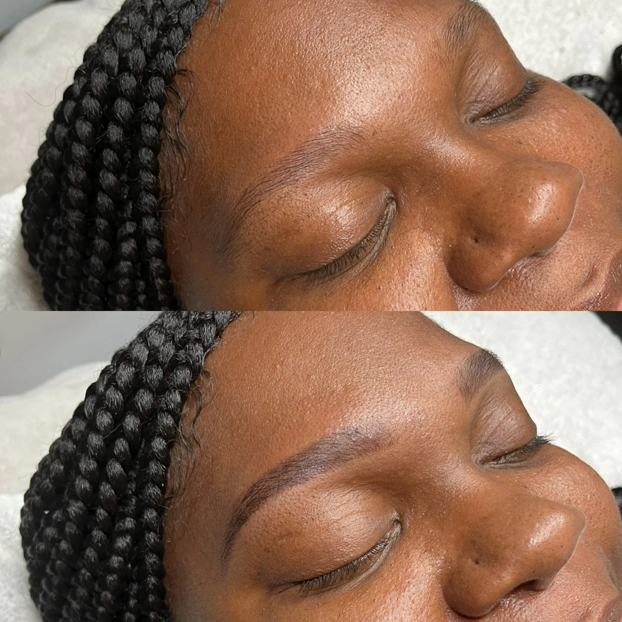 Before and after of eyebrows shaped by threading and tinted dark brown/black
