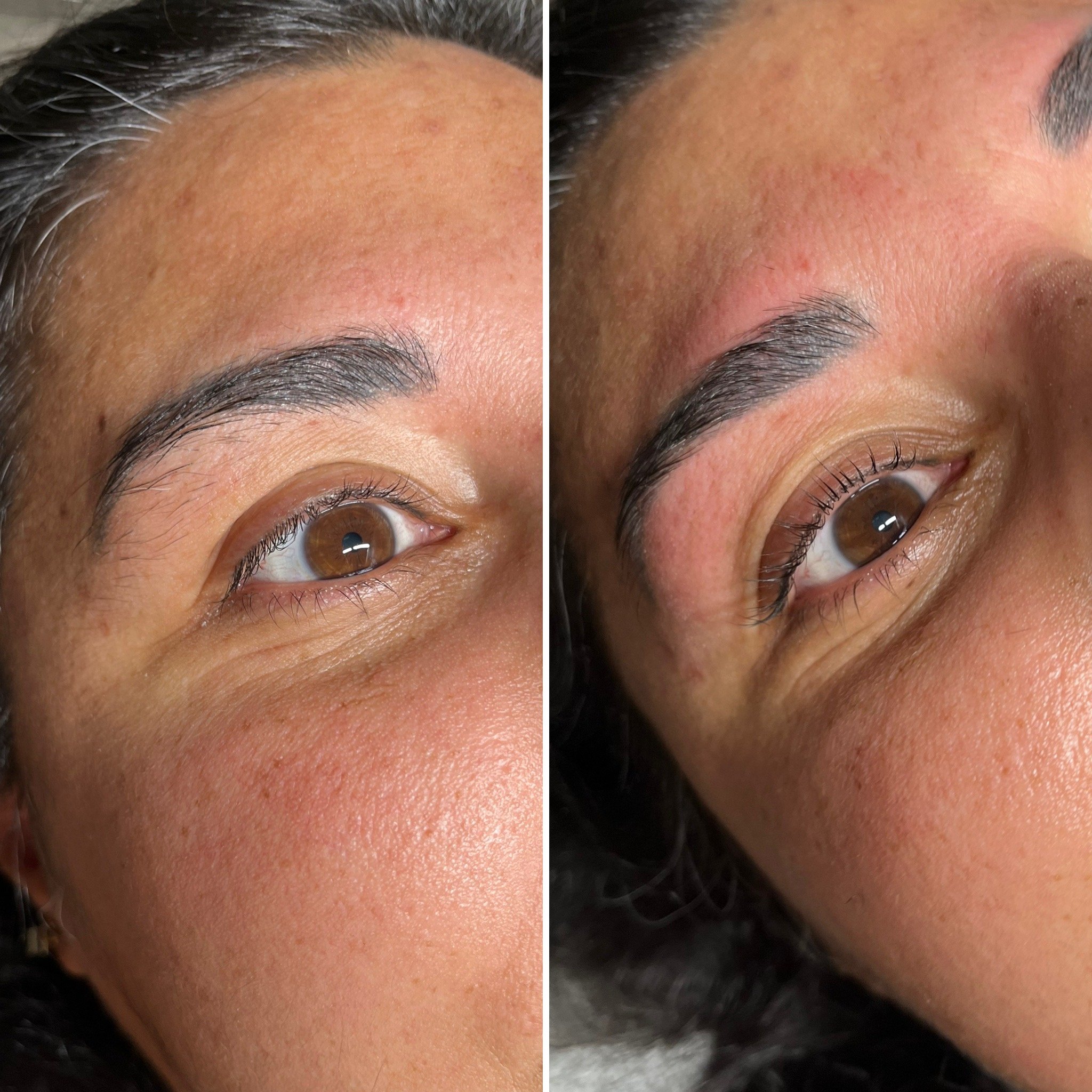 Before and after of an eyebrow clean up using threading technique and a lash lift