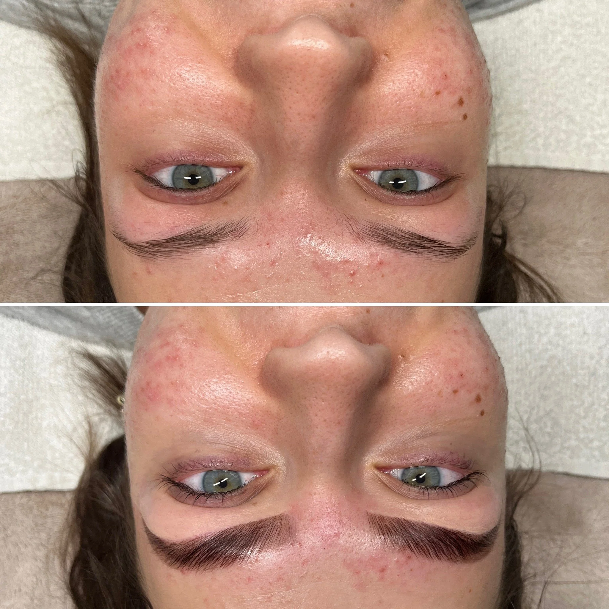 Before and after of an eyebrow lamination and lash lift with tint