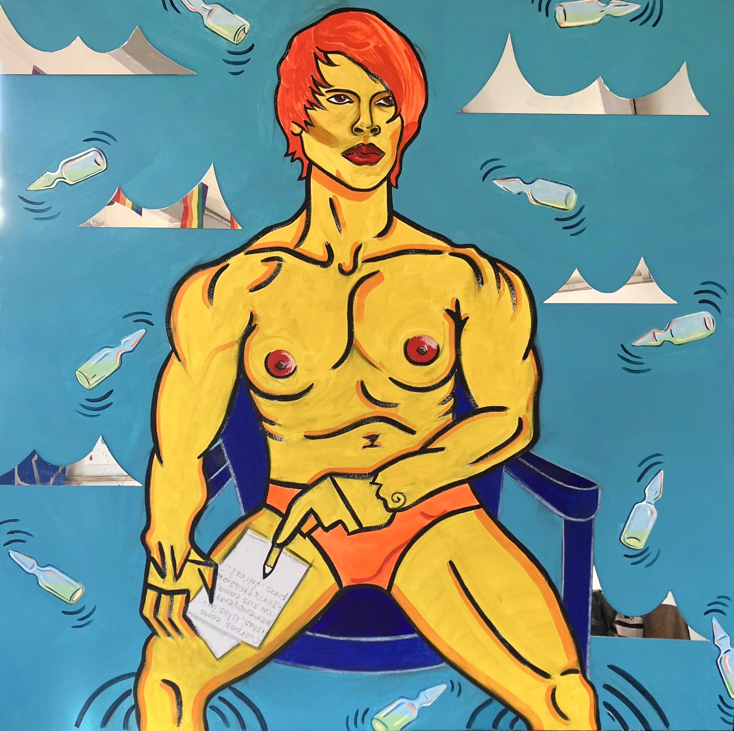 WHO’S AFRAID OF GENDER?
 Acrylic, glass, and paper on canvas 
 49 x 49 in
 2026