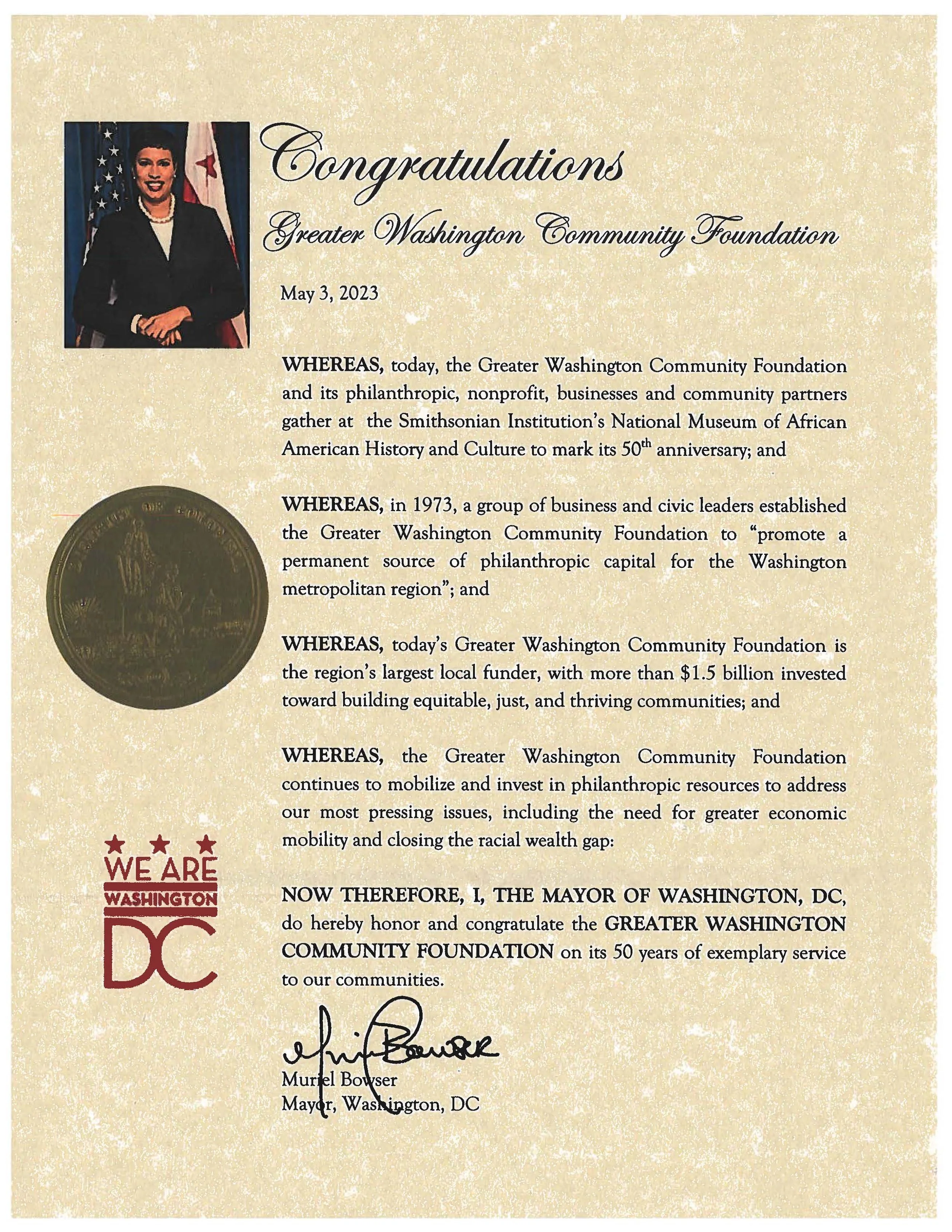 DC Mayor Muriel Bowser congratulated The Community Foundation on its 50 years of exemplary service to our communities.