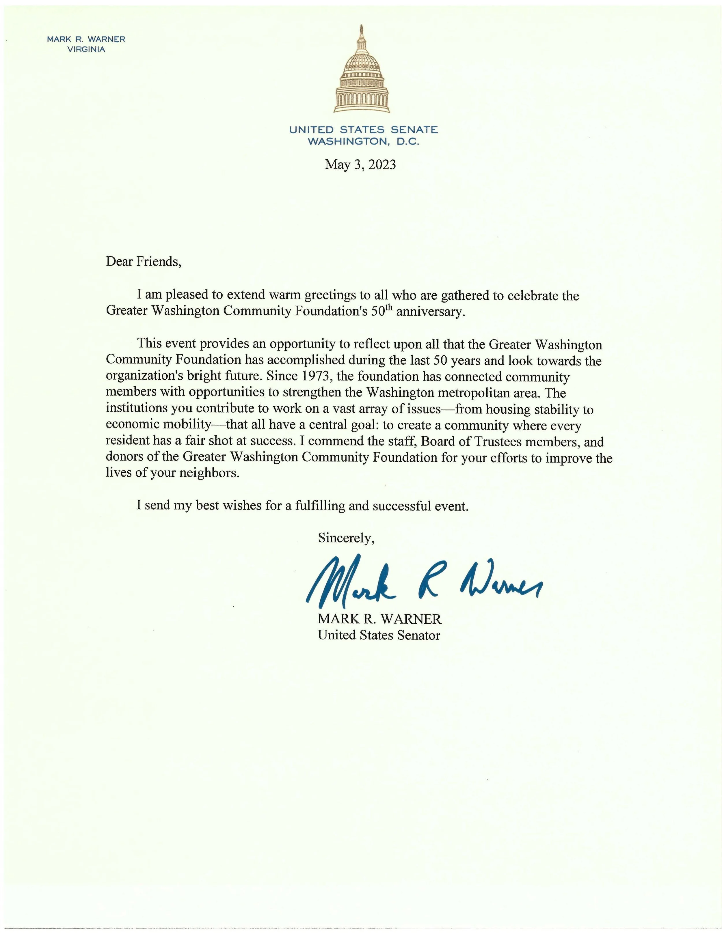Senator Mark Warner (D-VA) commends The Community Foundation for it’s contributions to a vast array of important causes in the Washington Metropolitan area.