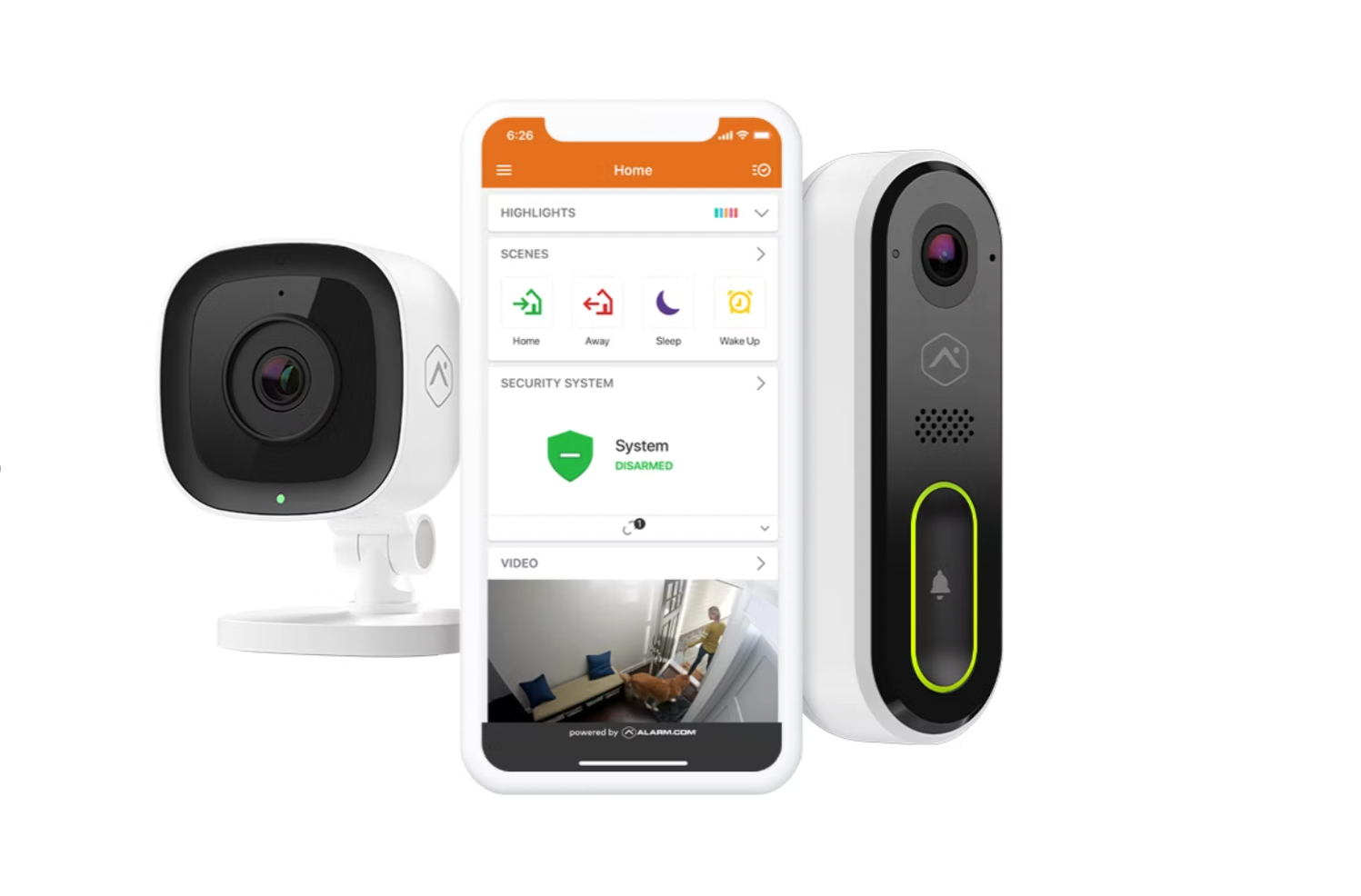 Home security system with two cameras, a smartphone app interface showing security settings, scenes, and video feed, and an arming button with a bell icon.