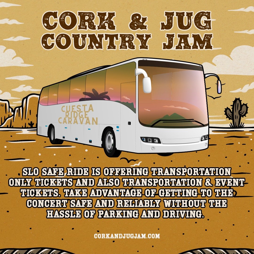 Shuttles are on sale now - get a ride from San Luis Obispo! Get to the concert safely and reliably without the hassle of driving or parking. @slosaferide is offering transportation to and from the Cork &amp; Jug Country Jam in Paso Robles on Saturday