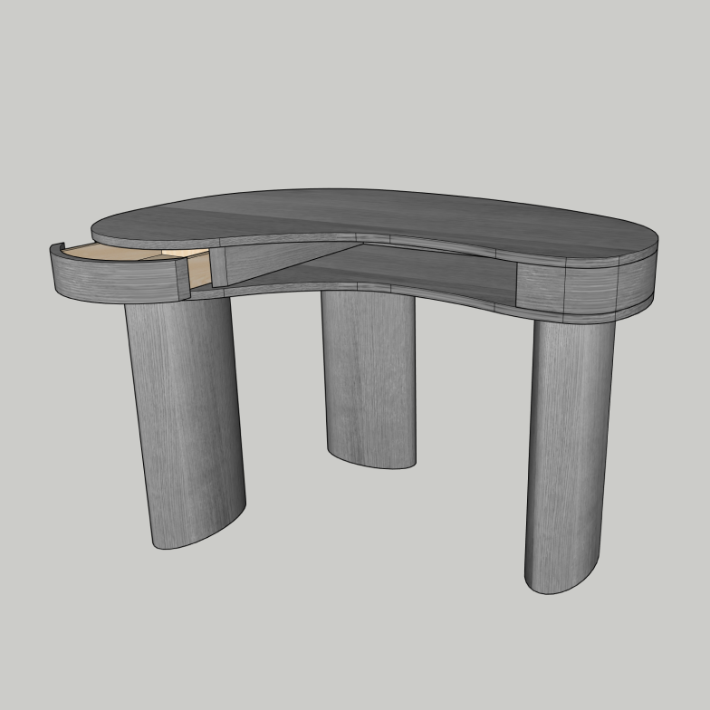 A 3D rendering of a modern wooden table with a semicircular top and three cylindrical legs.