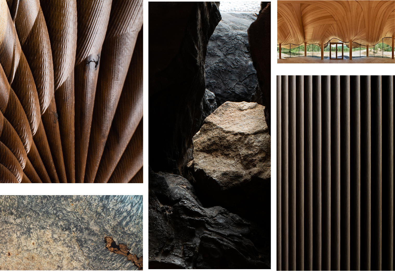 Collage of various natural and architectural textures including close-up of wooden logs, a rock formation with large boulders, an interior view of a wooden pavilion, and close-up of vertical wooden slats.