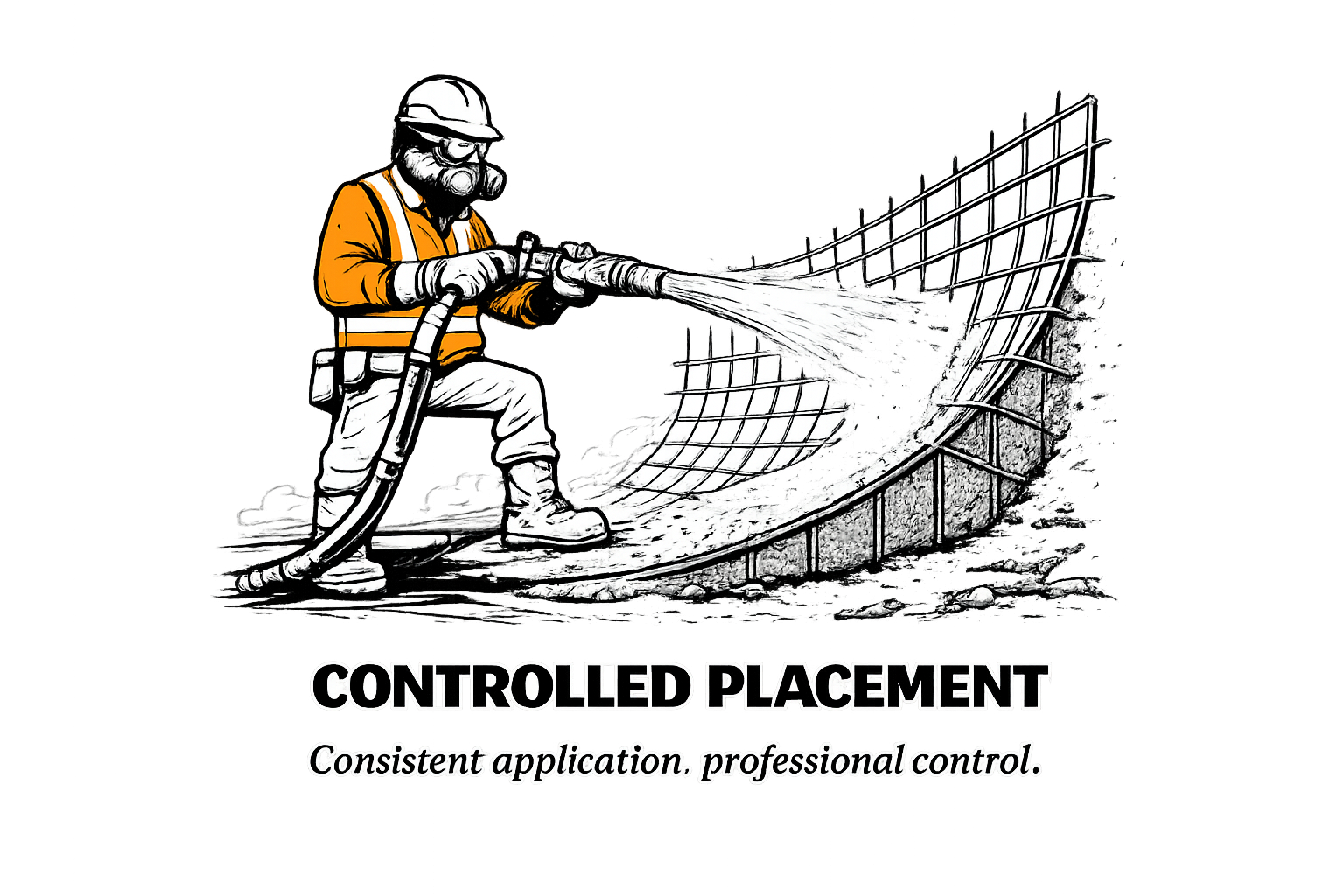 Illustration of a construction worker in safety gear using a hose to spray controlled application on a curved structure with the text "Controlled Placement" and the slogan "Consistent application, professional control."