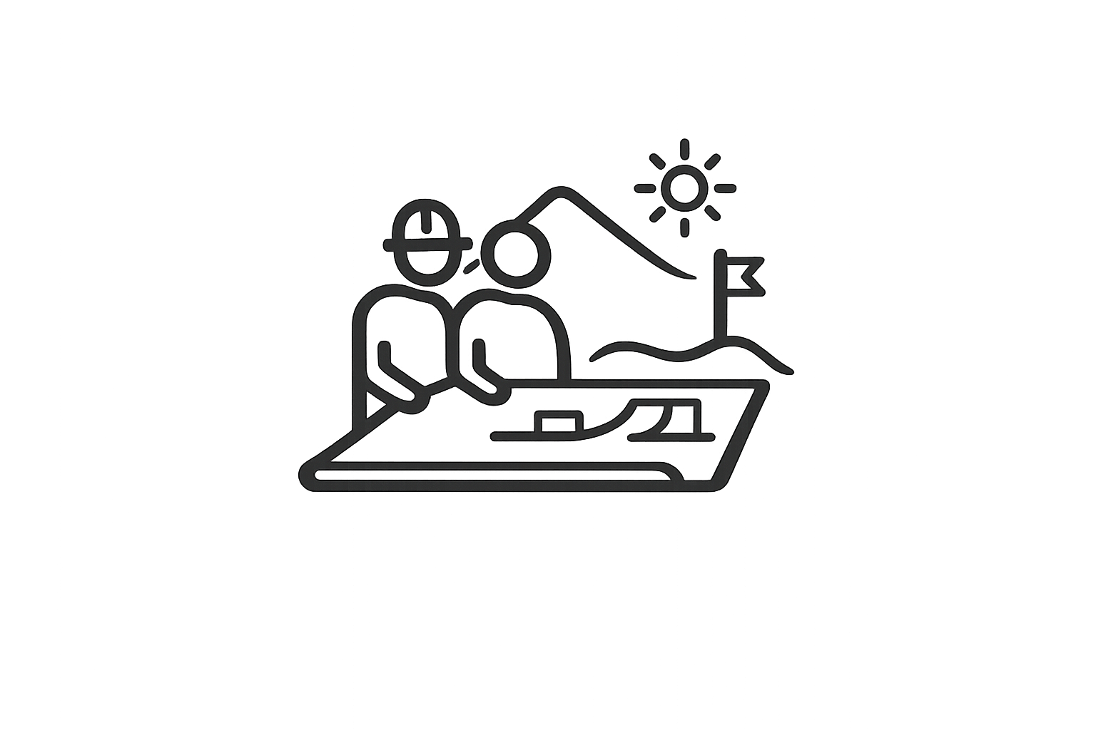 Line drawing of a person with a backpack hiking on a mountain trail with a flag, under a sun and a mountain