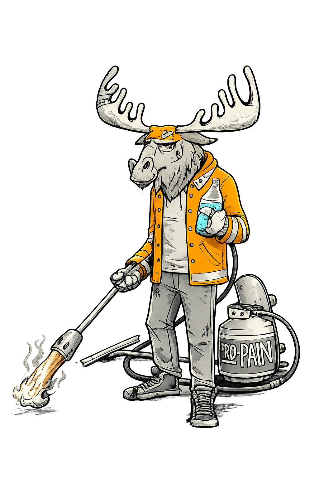 A stylized cartoon moose dressed in an orange jacket, holding a fire extinguisher labeled 'FRO-PAIN' in one hand and a bottle in the other, standing in front of a dark background with colorful lights.