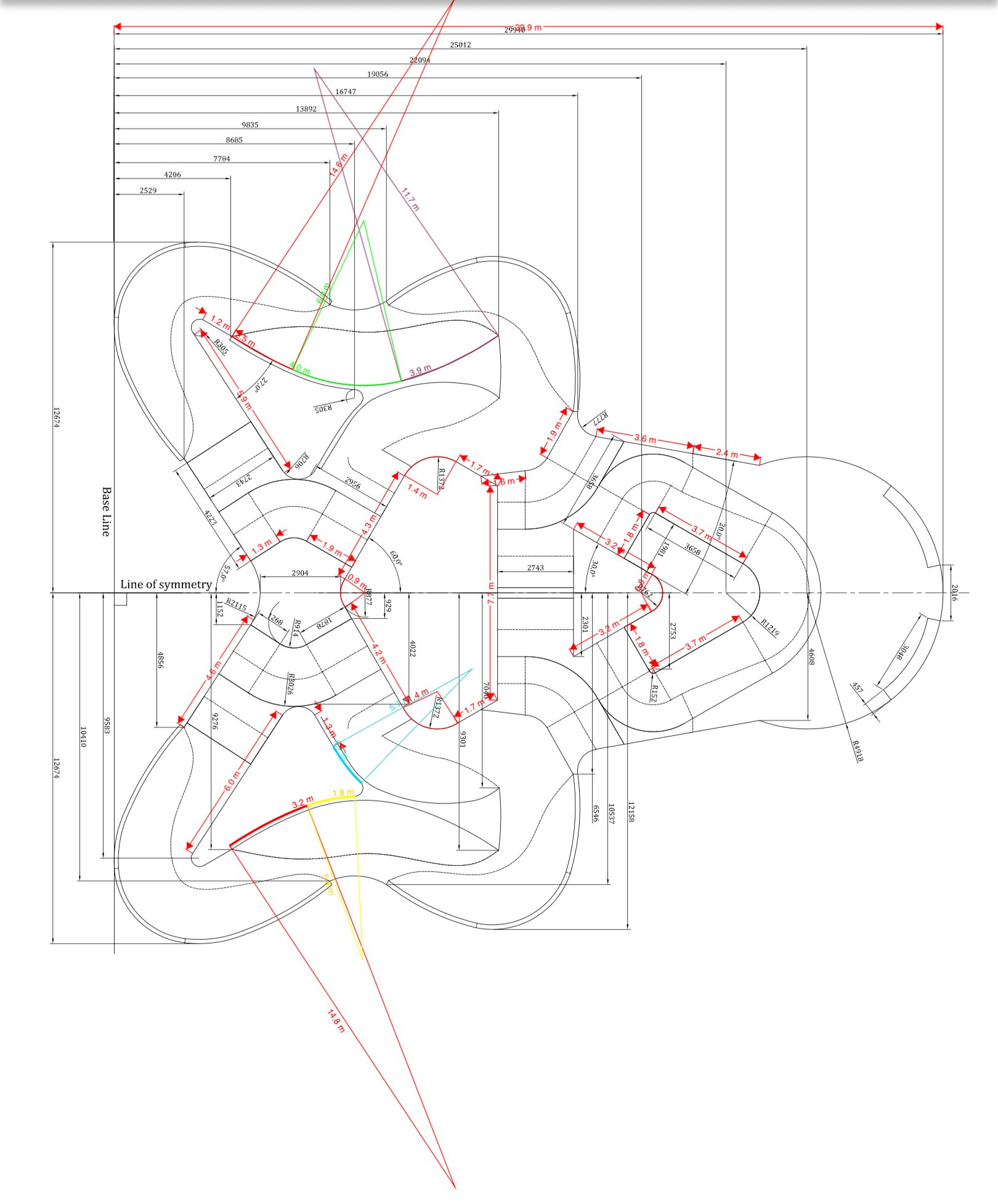 Detailed skatepark design plan with various measurements, curves, and lines indicating dimensions and layout of a complex structure.