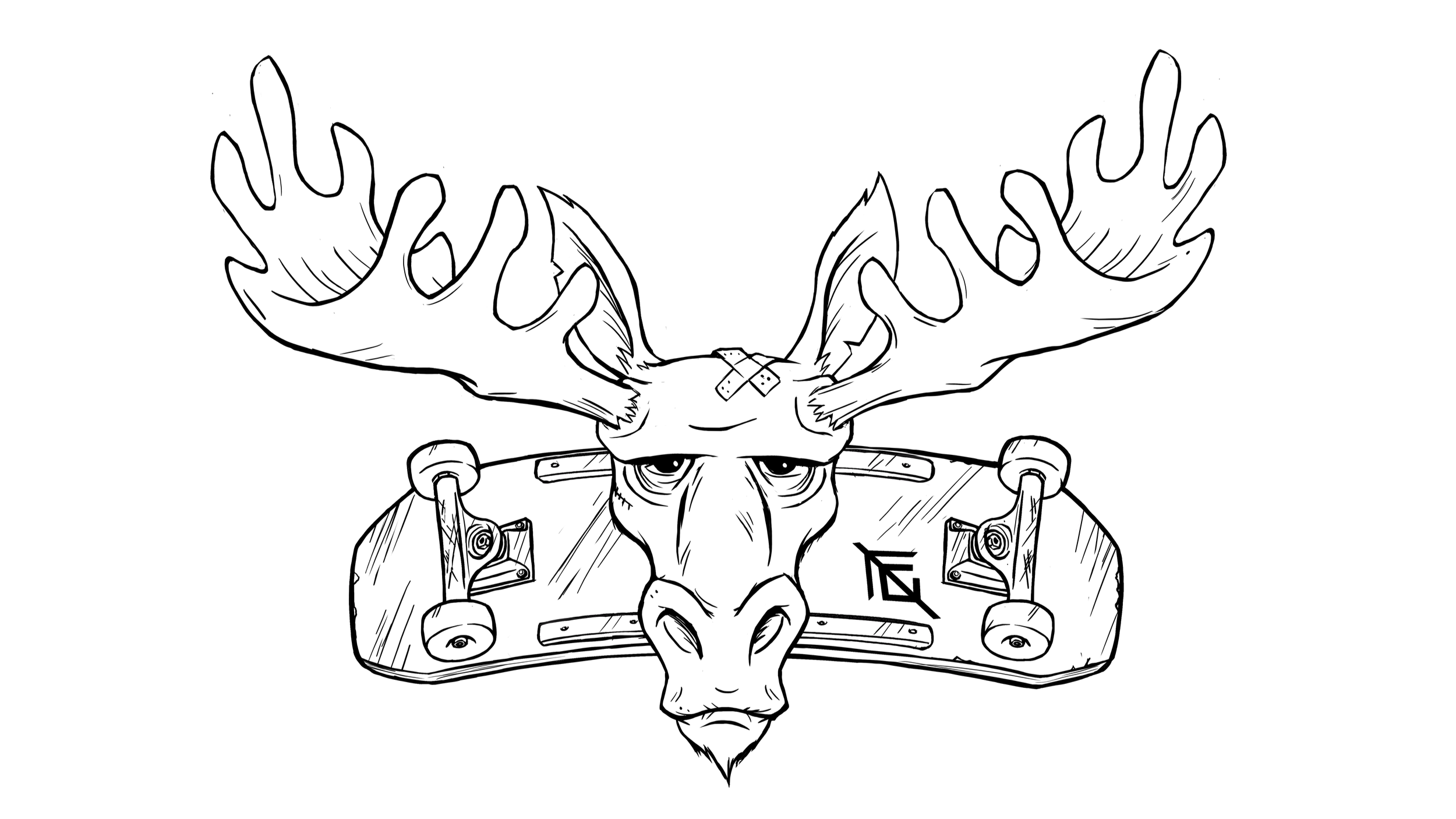 Black and white illustration of a moose head with a skateboard behind him, with the skateboard upside down. The moose has large antlers and a bandage on its forehead. This is Transition Constructions logo