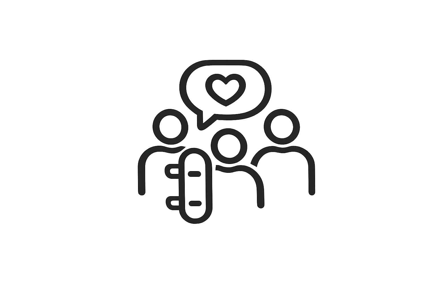 Outline illustration of three people with a speech bubble containing a heart symbol above them.