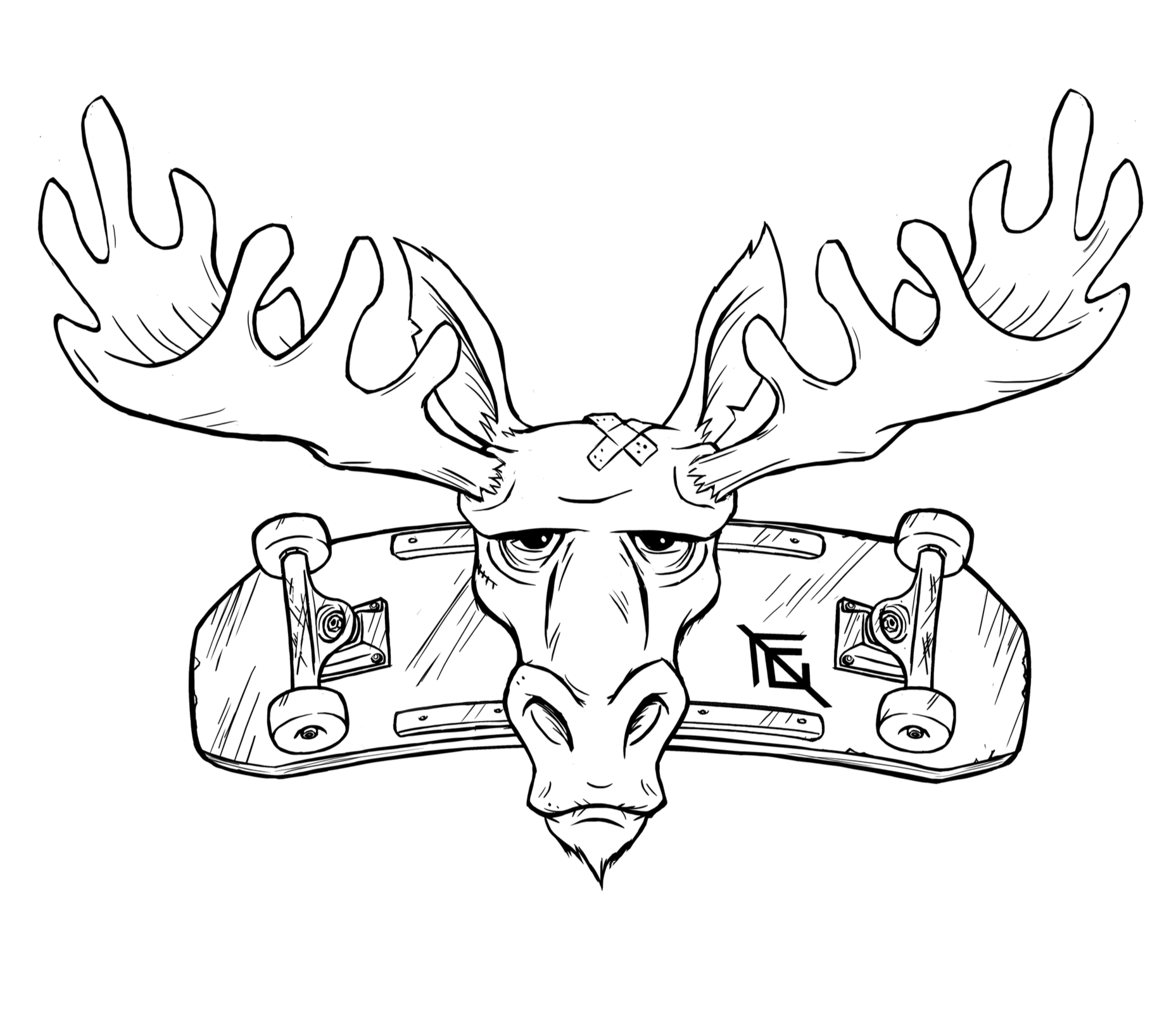 Black and white digital illustration of a moose's head with large antlers, drawn in a stylized, cartoonish manner, with a skateboard beneath its face with Transition Construction's secondary logo on it