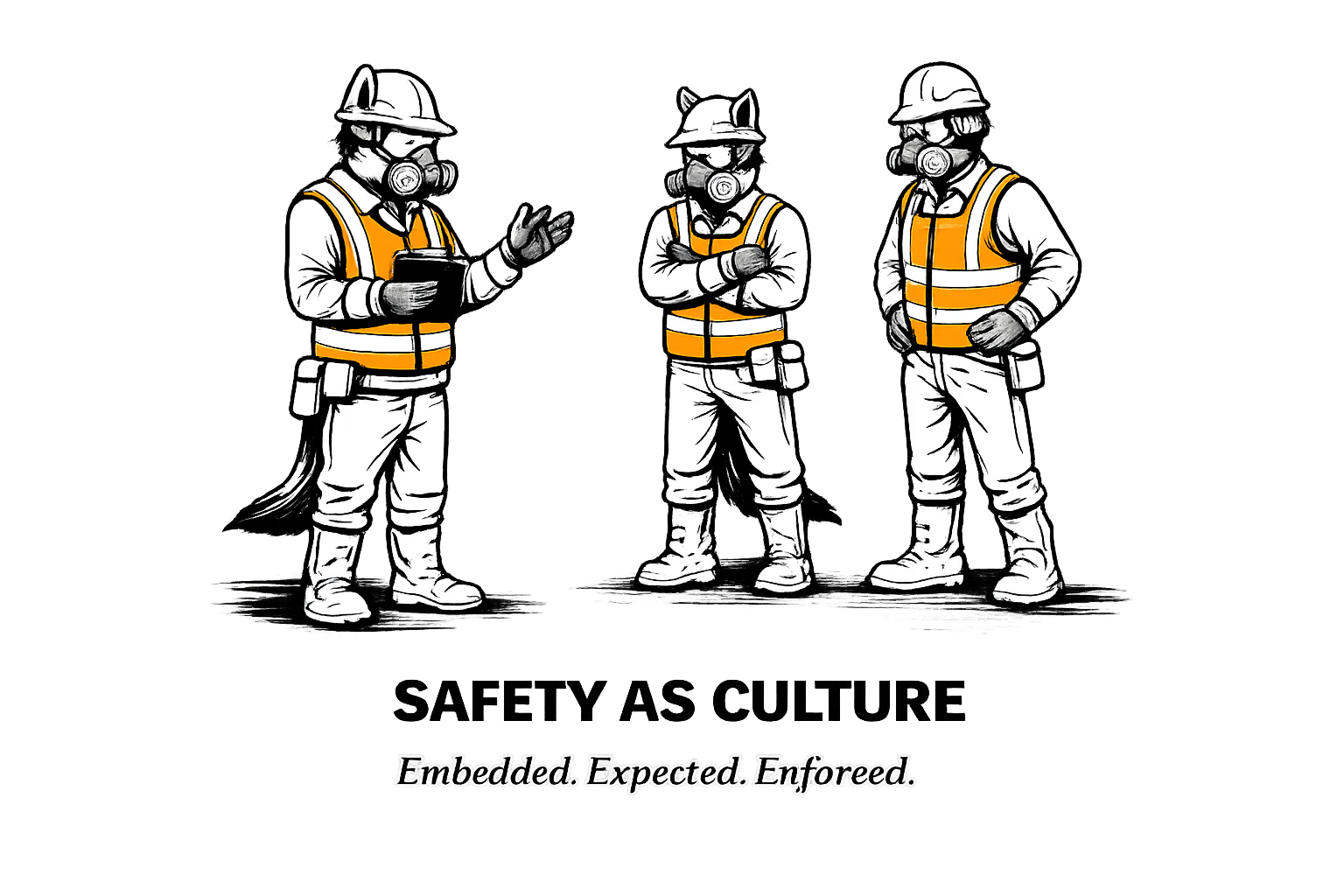 Three figures in safety gear, including helmets and masks, appear to be engaged in a discussion or inspection, with one figure holding a clipboard or tablet. The background is black with text underneath that reads "Embedded. Expected. Enforced."