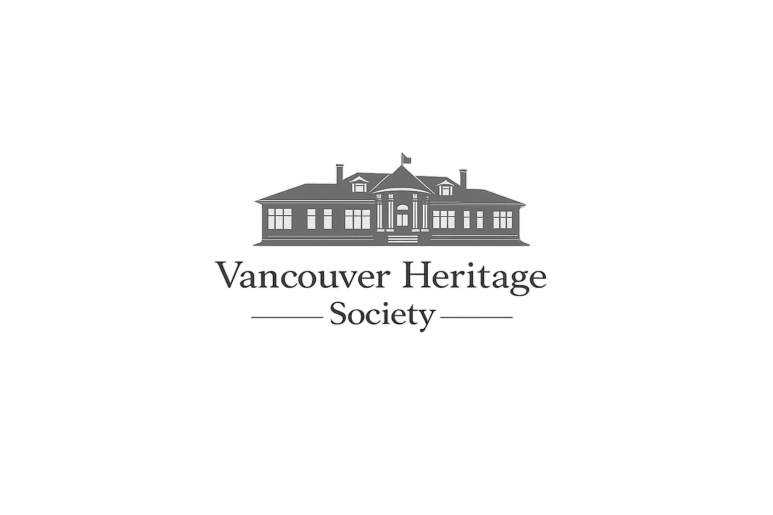 Logo of Vancouver Heritage Society featuring a detailed outline of a historic house in white and the society's name in black text.