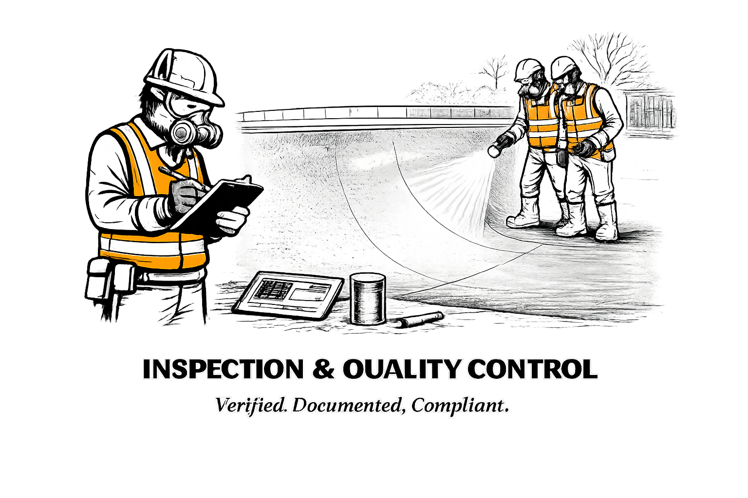 Illustration of construction workers inspecting a building surface, wearing safety gear and high-visibility vests, with a clipboard, tablet, and flashlight, emphasizing inspection and quality control.