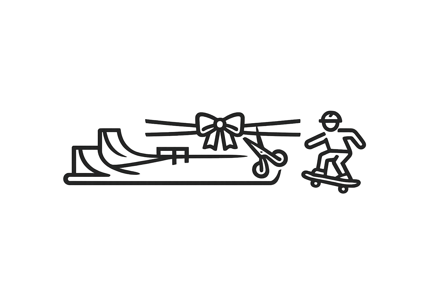 Line drawing of a skateboarding child wearing a helmet, with a decorative bow and ribbon on a gift box, and a skateboarding ramp.