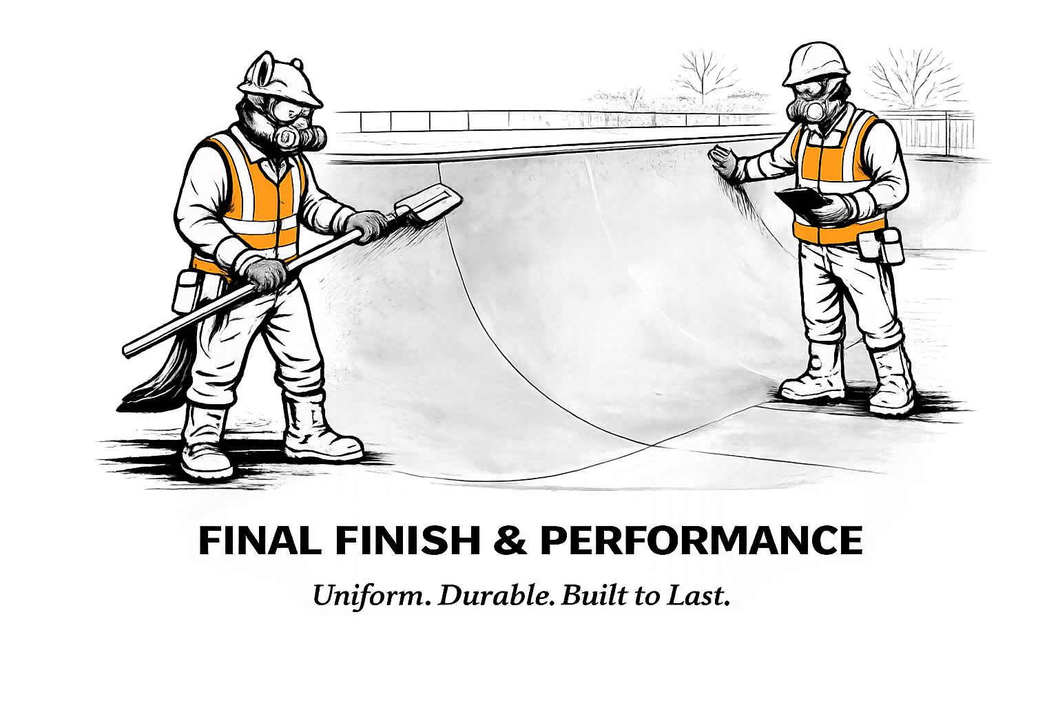 Illustration of two construction workers in safety gear, inspecting a large concrete structure at a construction site. The image has text that reads 'FINAL FINISH & PERFORMANCE' and 'Uniform. Durable. Built to Last.'.