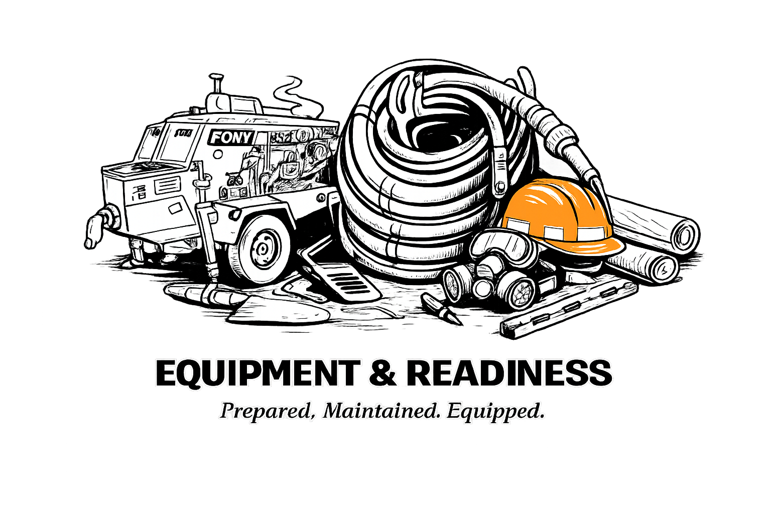 Illustration of construction equipment and tools, including a maintenance truck, coils of wire, a safety helmet, pipes, flashlights, and other gear, with text 'EQUIPMENT & READINESS - Prepared, Maintained, Equipped'.