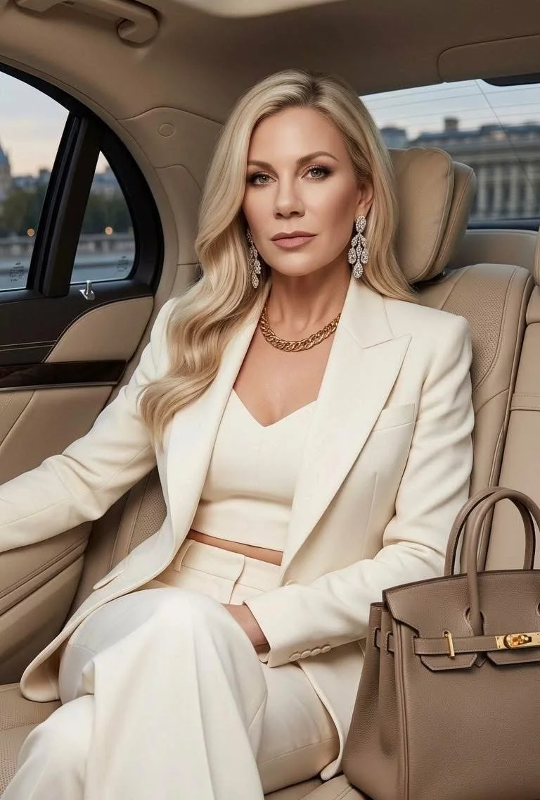 Woman in suit riding in back seat of luxury car.