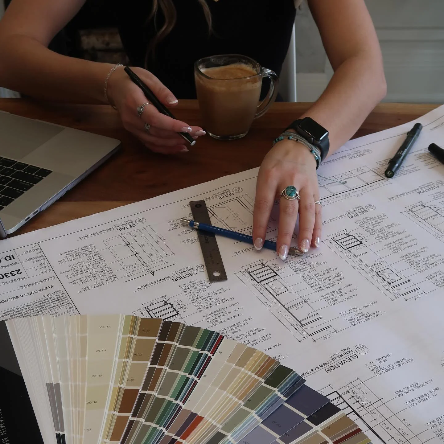 Behind every finished space is a table full of drawings, colour decks, material samples, and lots of decision making. Design is equal parts creativity and coordination&hellip;and yes, coffee is mandatory. ☕️

&mdash;&mdash;&mdash;
#interiordesign #co