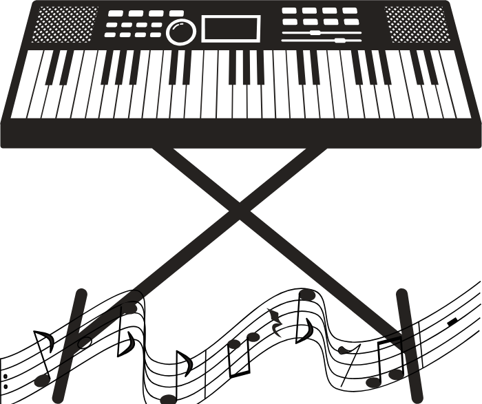 Digital keyboard on a stand with scattered music notes on the floor.