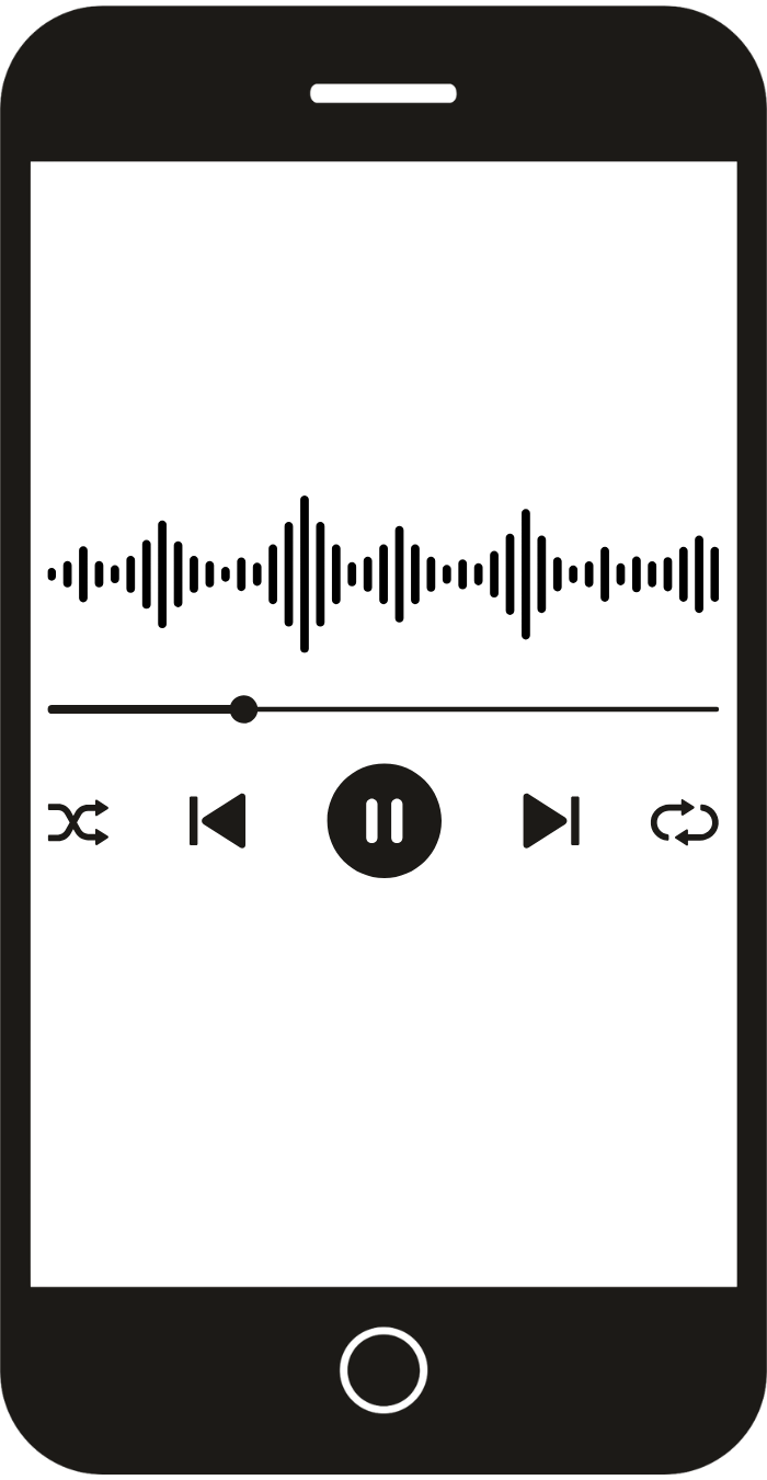 A smartphone displaying a music player app with playback controls, including skip, rewind, pause, play, and repeat buttons.