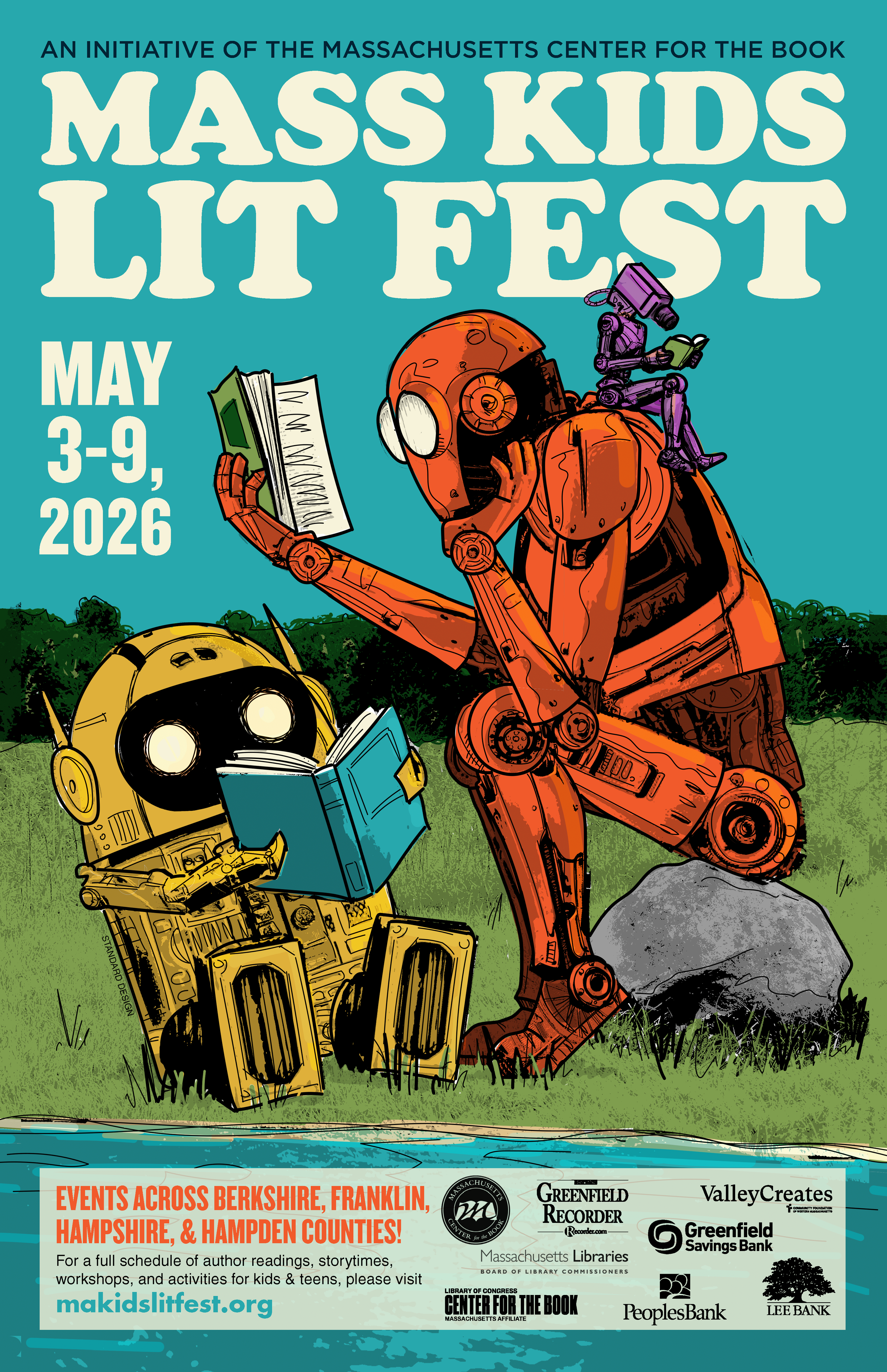Image of robots reading books in a grassy field