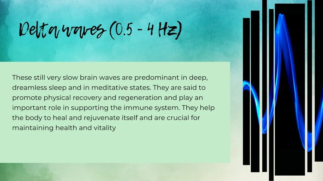 find out more about the waves you surf on, on a daily base...we start with these cuties the delta waves....
Diese noch sehr langsamen Gehirnstr&ouml;me sind im tiefen, traumlosen Schlaf und in meditativen Zust&auml;nden vorherrschend. Ihnen wird nach