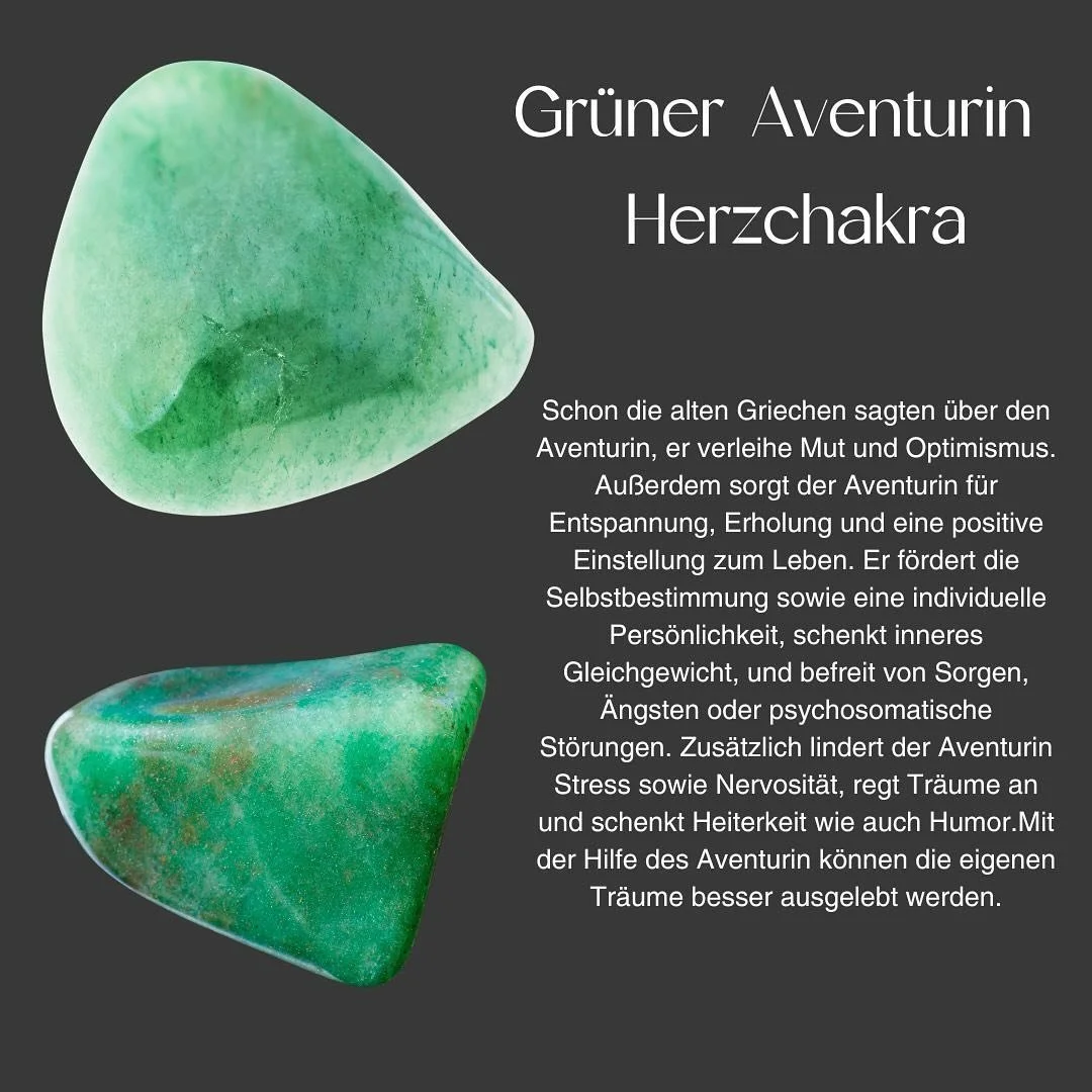 Schon die alten Griechen sagten &uuml;ber den Aventurin, er verleihe Mut und Optimismus.
Au&szlig;erdem sorgt der Aventurin f&uuml;r Entspannung, Erholung und eine positive Einstellung zum Leben. Er f&ouml;rdert die Selbstbestimmung sowie eine indivi